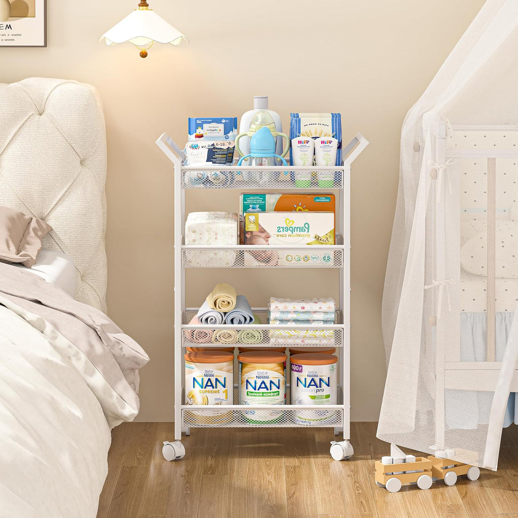 White 4‑Tier Rolling Baby Diaper Caddy Cart