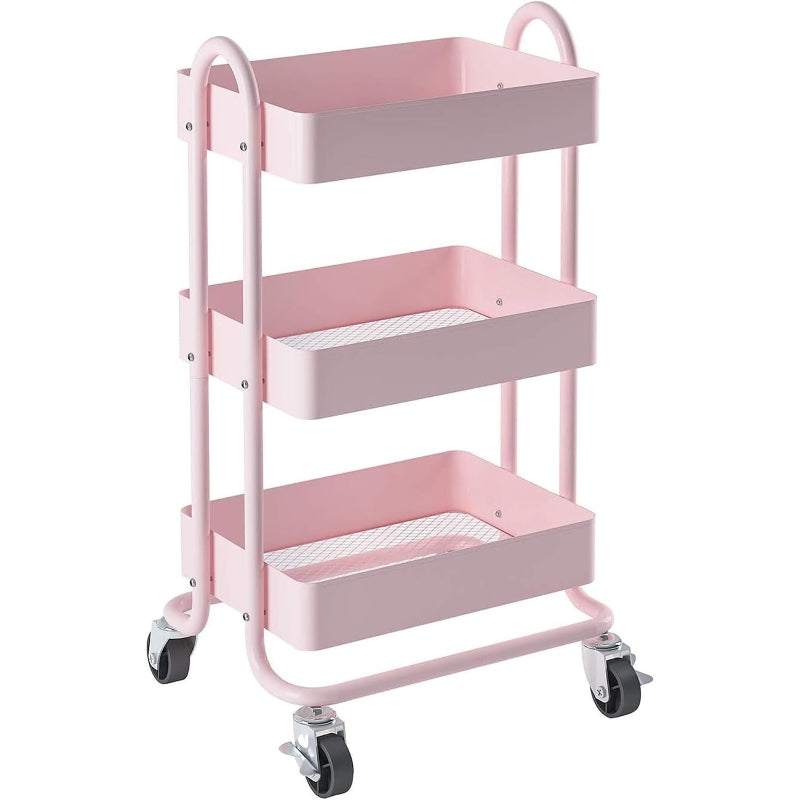 3‑Tier Pink Metal Rolling Utility Cart
